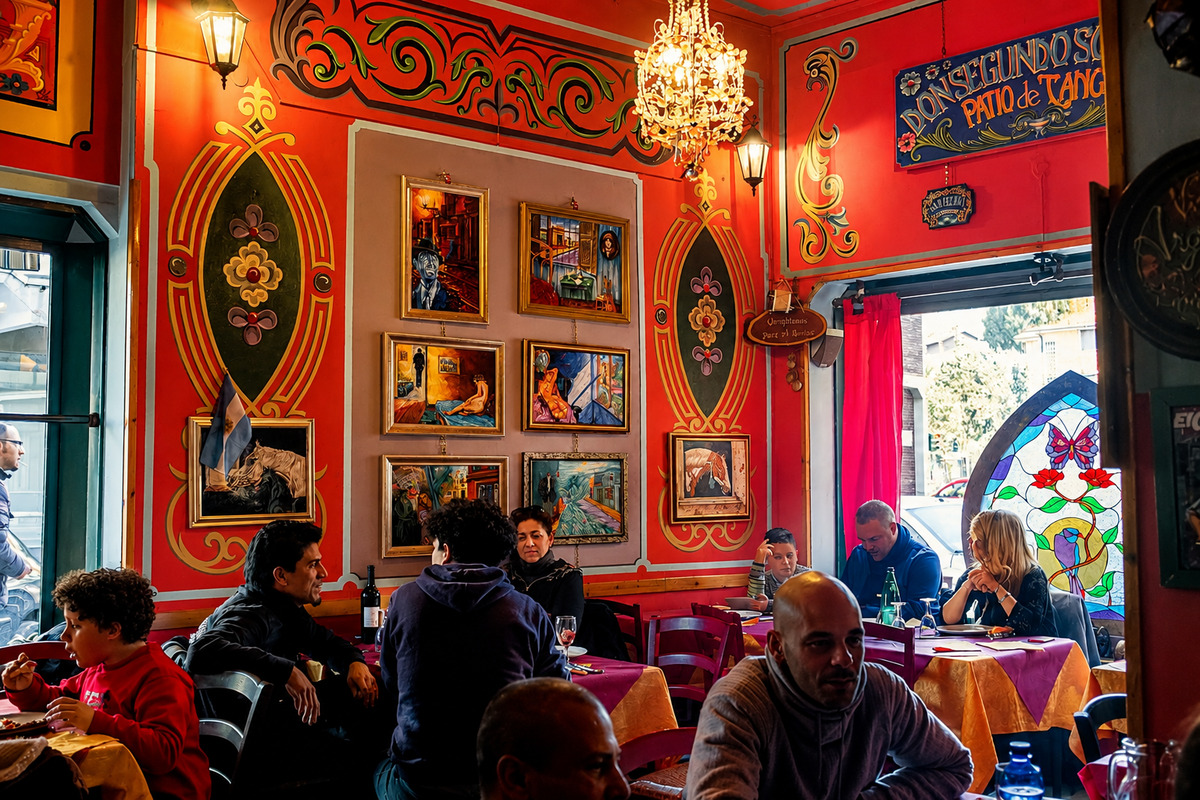 Le mesas del Don Segundo Sombra, sala interna con illuminazione calda